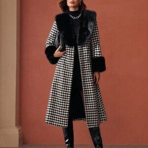 Black And White Elegant Women's Tweed Houndstooth Longline Overcoat
